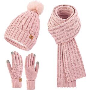Women’s Pink Winter Beanie Hat Scarf & Touchscreen Gloves 3-in-1 Gift